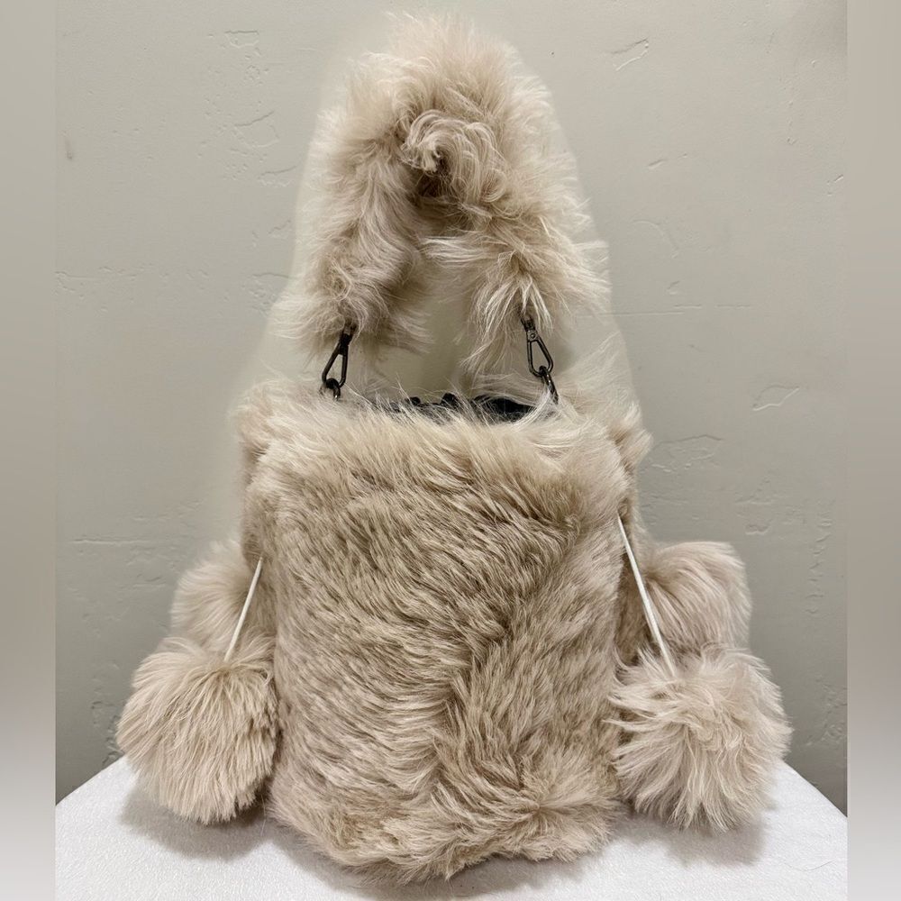 Beige Real Shearling Handmade Drawstring Bucket Bag Includes 4 Fur Balls Charm